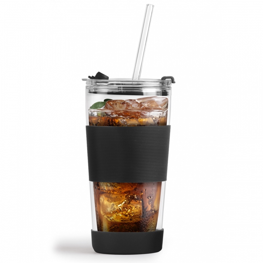 Kubek termiczny szklany ze słomką 600 ml czarny fuori