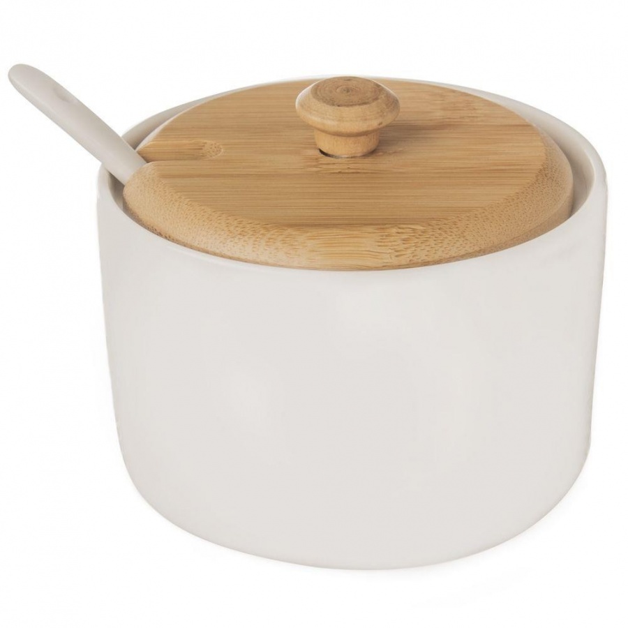Cukierniczka porcelanowa, bambusowa, biała, z pokrywką, łyżeczką, cukiernica, pojemnik na cukier