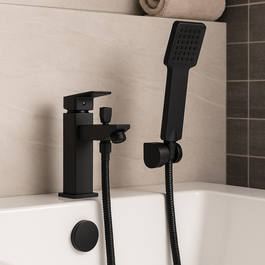 Bateria wannowa z prysznicem stojąca kran cube czarny mat