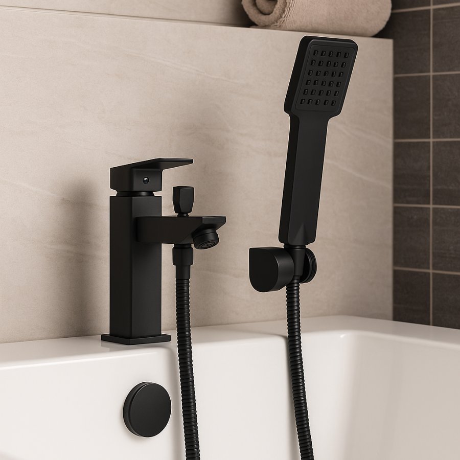 Bateria wannowa z prysznicem stojąca kran cube czarny mat