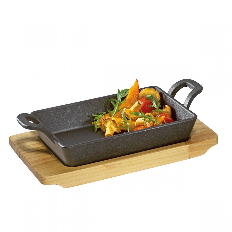 mini brytfanna do serwowania z podstawką, 21,5 x 12,5 x 6 cm, żeliwo/drewno sosnowe