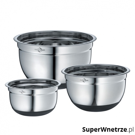 3 stalowe miski z antyposlizgowym spodem, śred.16, 20, 24 cm; 1,5, 2,6, 4,8 l