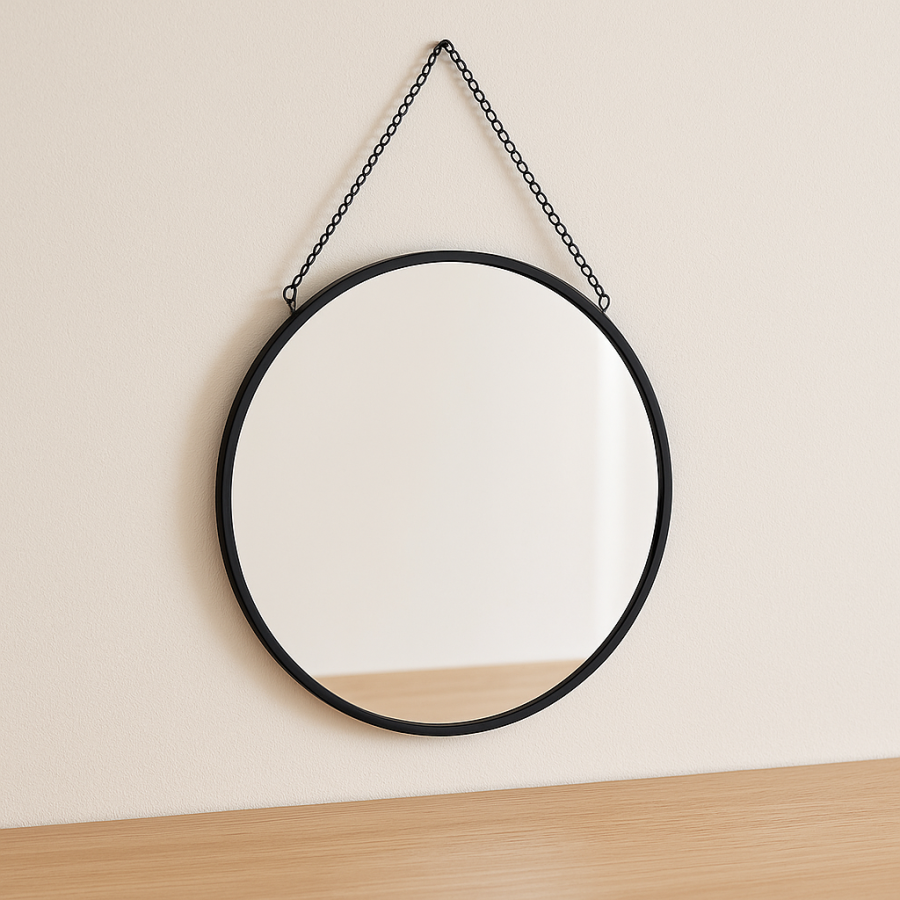 Lustro na łańcuszku w czarnej metalowej ramie, okrągłe, 29 cm