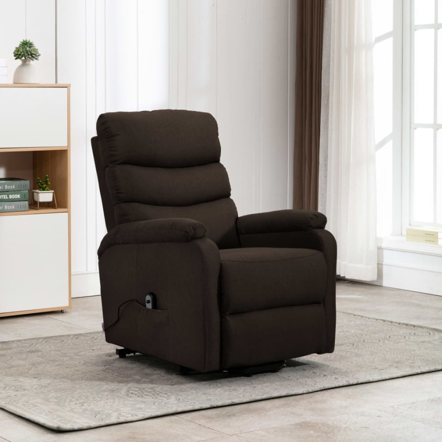 Fotel rozkładany, podnoszony, ciemnobrązowy, obity tkaniną