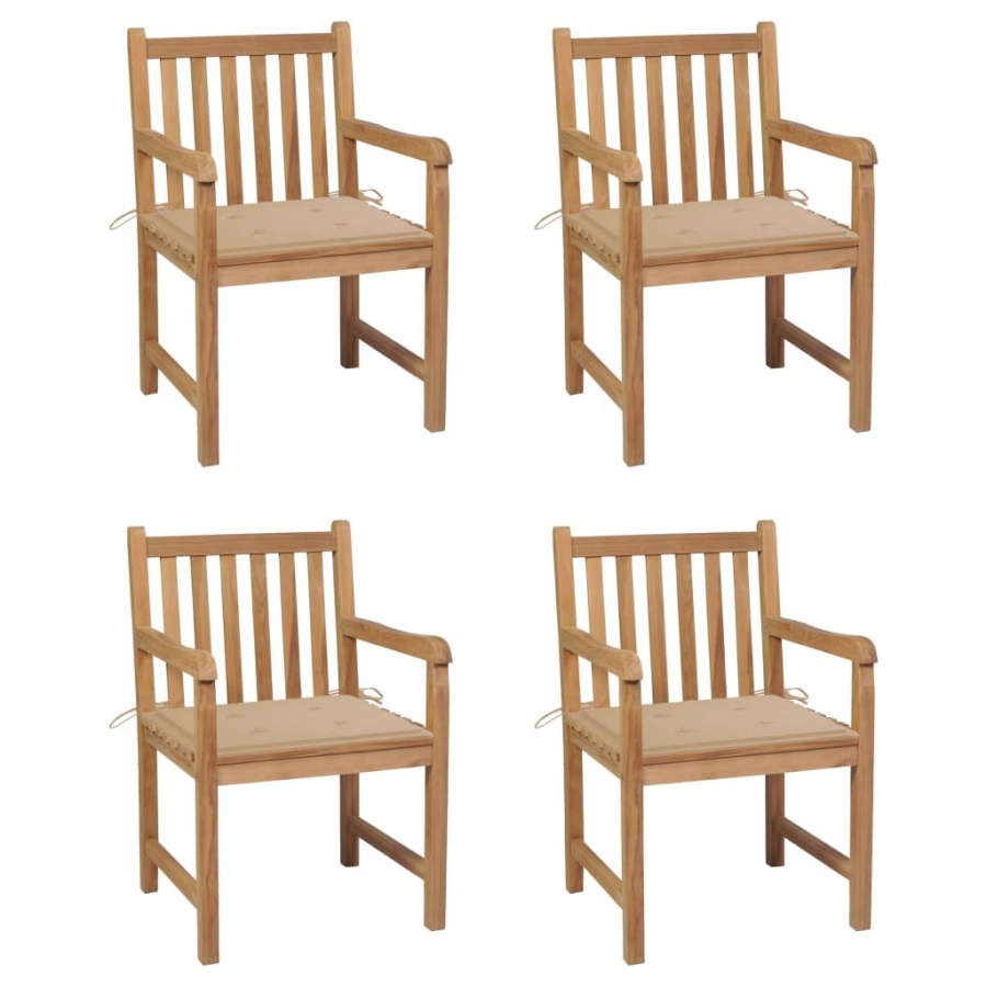 Krzesła ogrodowe, 4 szt., beżowe poduszki, drewno tekowe