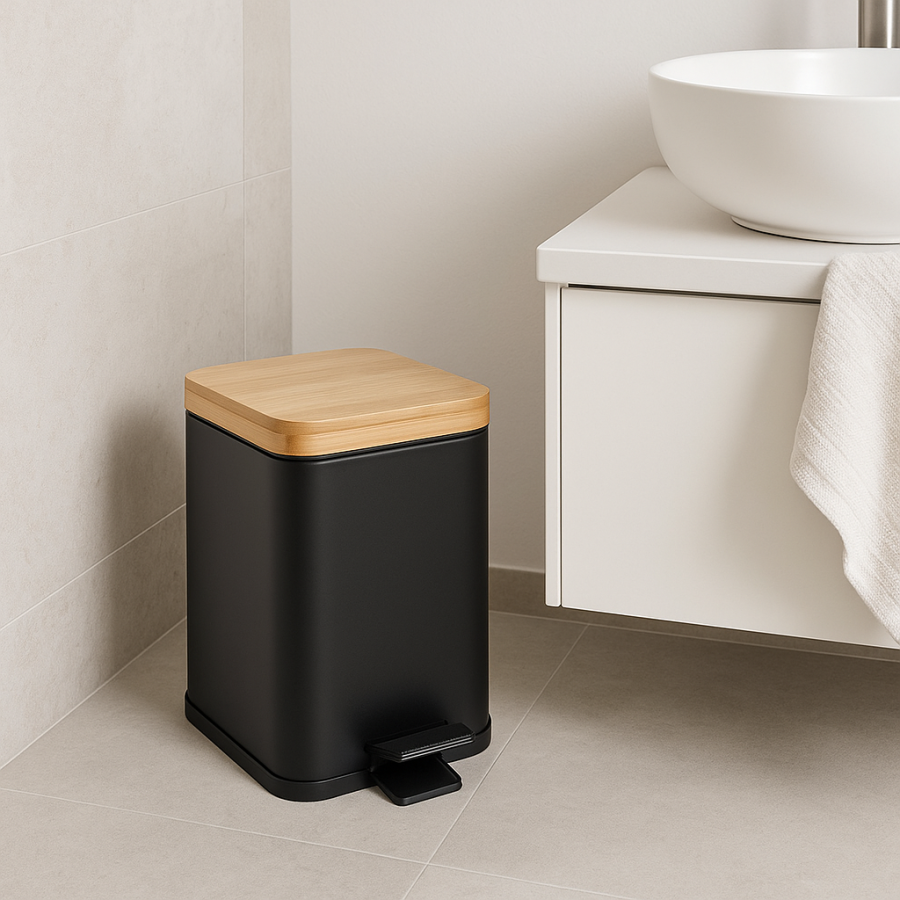 Kosz na śmieci do łazienki biura 3l z pedałem bambus czarny kwadratowy