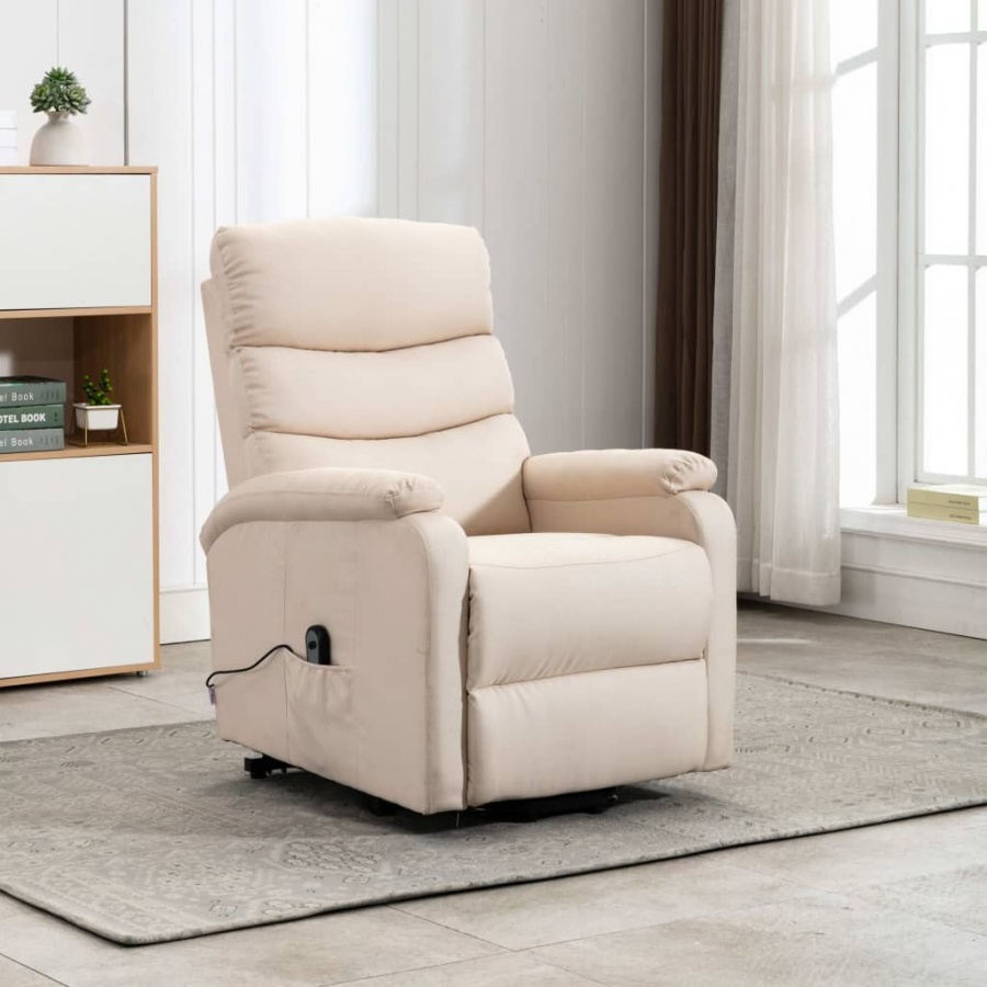 Fotel rozkładany, podnoszony, kremowy, obity tkaniną