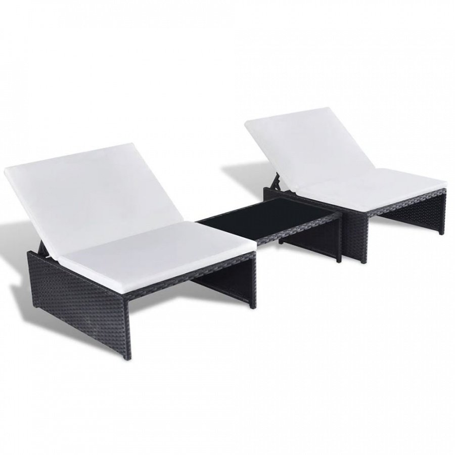 Leżaki ze stolikiem, 2 szt., polirattan, czarne
