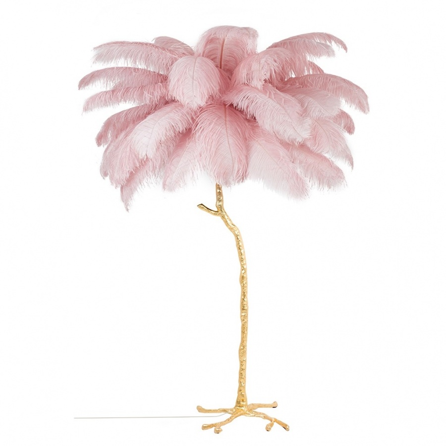 Lampa podłogowa tiffany 175 różowa mosiądz / naturalne pióra