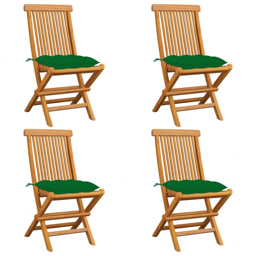 Krzesła ogrodowe, zielone poduszki, 4 szt., lite drewno tekowe