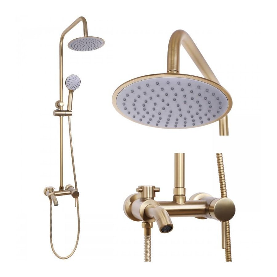 Bateria prysznicowa z deszczownicą natynkowy z wylewką panel prysznicowy złoto szczotkowane - Yoka