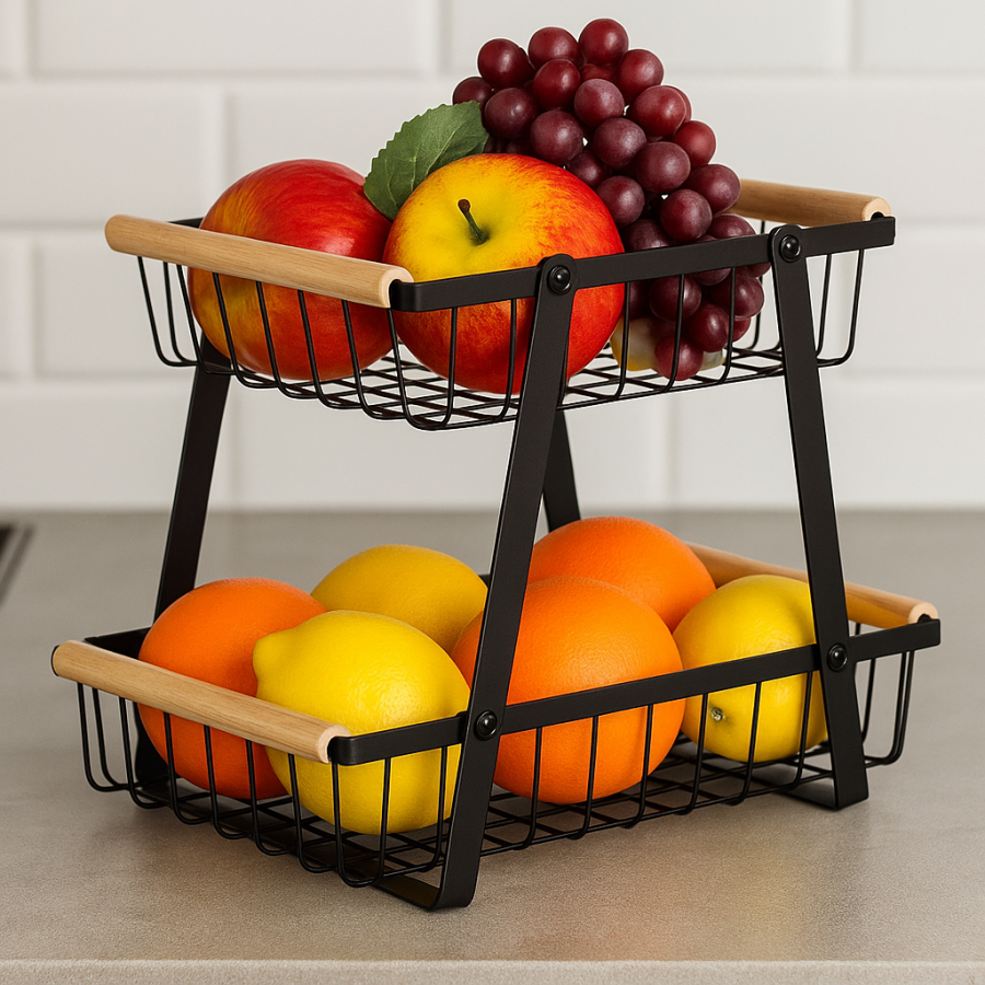 Koszyk na owoce i warzywa kosz metalowy 2-poziomowy czarny loft 27x17,5x29 cm