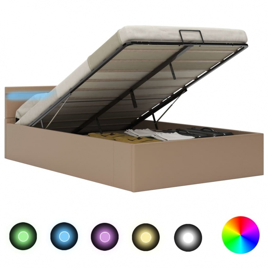 Rama łóżka z podnośnikiem, led, cappuccino, ekoskóra, 120x200cm