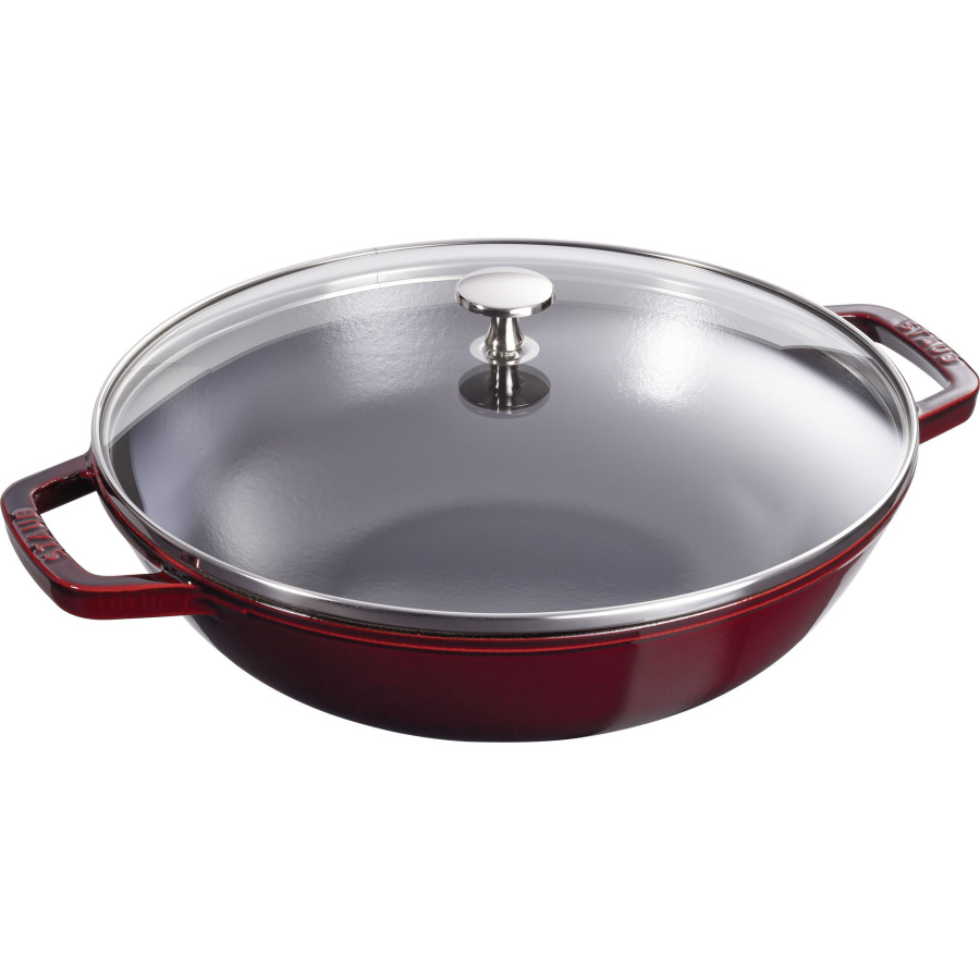 Wok żeliwny z pokrywką Staub 30 cm Grenadynowy
