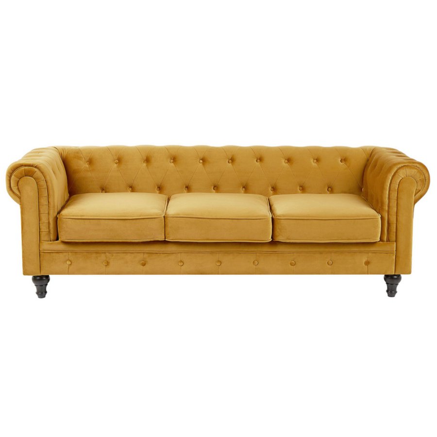 Sofa 3-osobowa welurowa żółta chesterfield