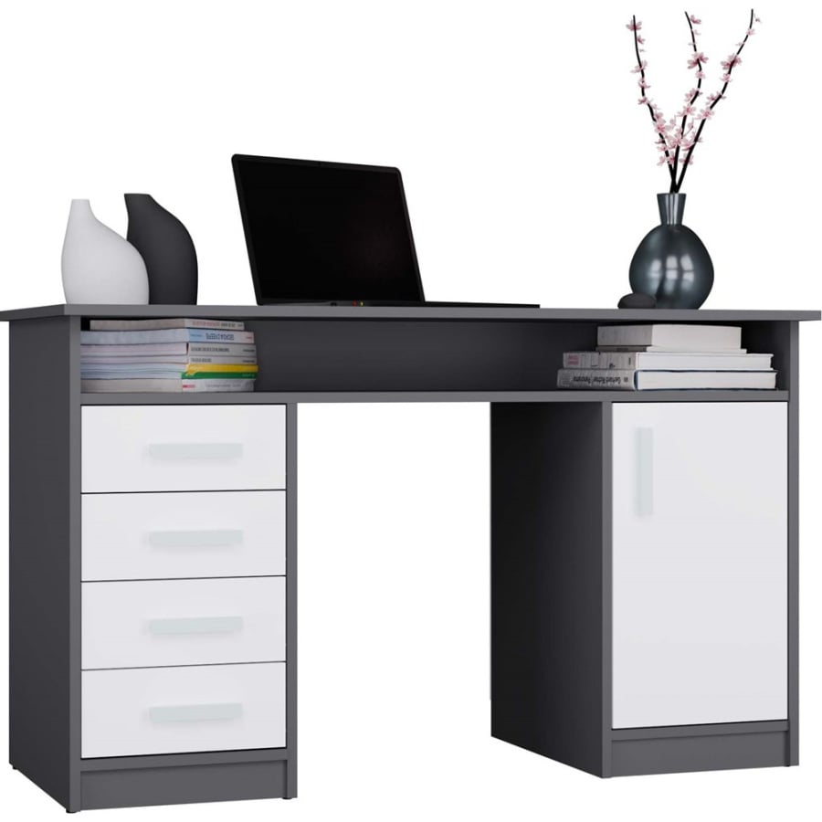 BIURKO ADA ANTRACYT BIAŁY 125 Cm 4 Szuflady Szafka Półki Do Biura Pokoju Na Laptop