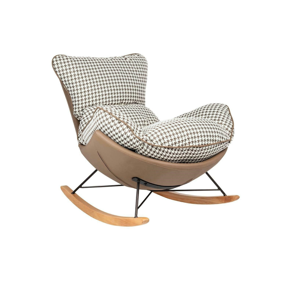 Fotel bujany otilia brązowa pepitka - drewniane płozy, ekoskóra