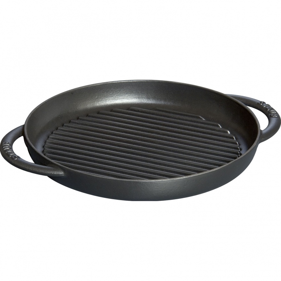 Okrągła patelnia żeliwna grillowa Staub z dwoma uchwytami - 26 cm, Czarny