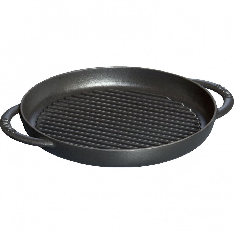 Okrągła patelnia żeliwna grillowa Staub z dwoma uchwytami - 26 cm, Czarny