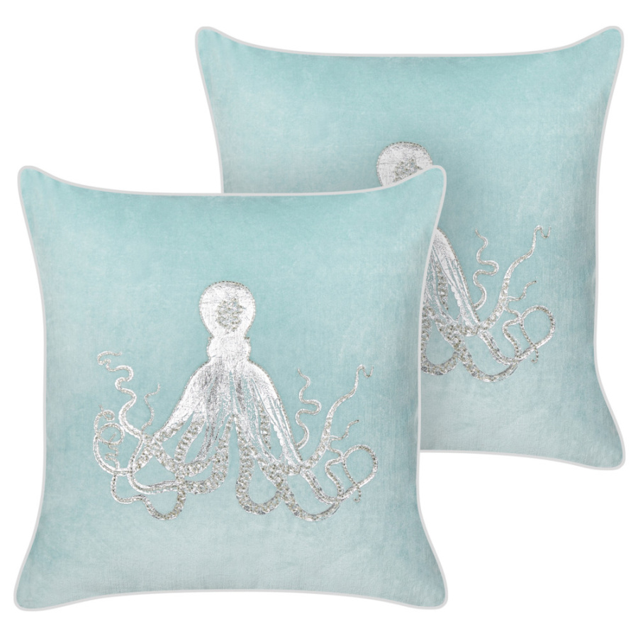 Zestaw 2 poduszek wzór zwierzęcy laminaria welur 45 x 45 cm błękitny