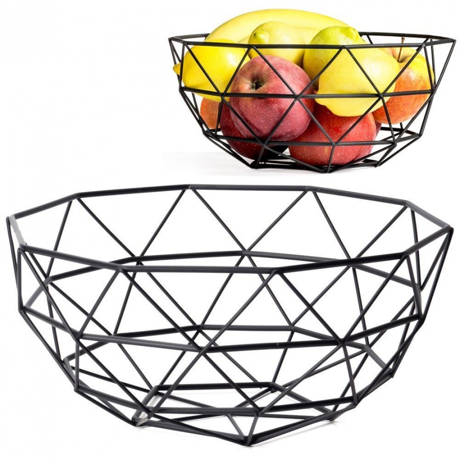 Koszyk na owoce i warzywa, geometryczny, metalowy, czarny, kosz, patera, miska