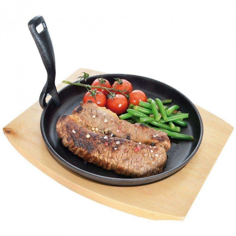 Patelnia żeliwna, talerz żeliwny, 22 cm, z deską