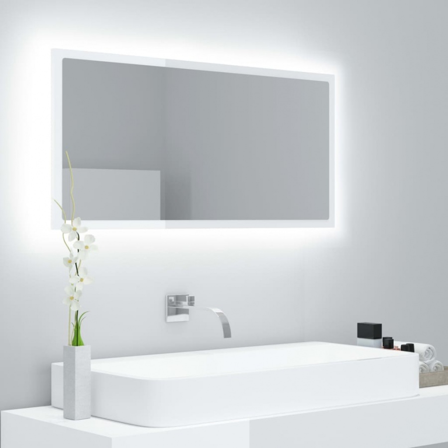 Lustro łazienkowe z led, białe na wysoki połysk, 90x8,5x37 cm