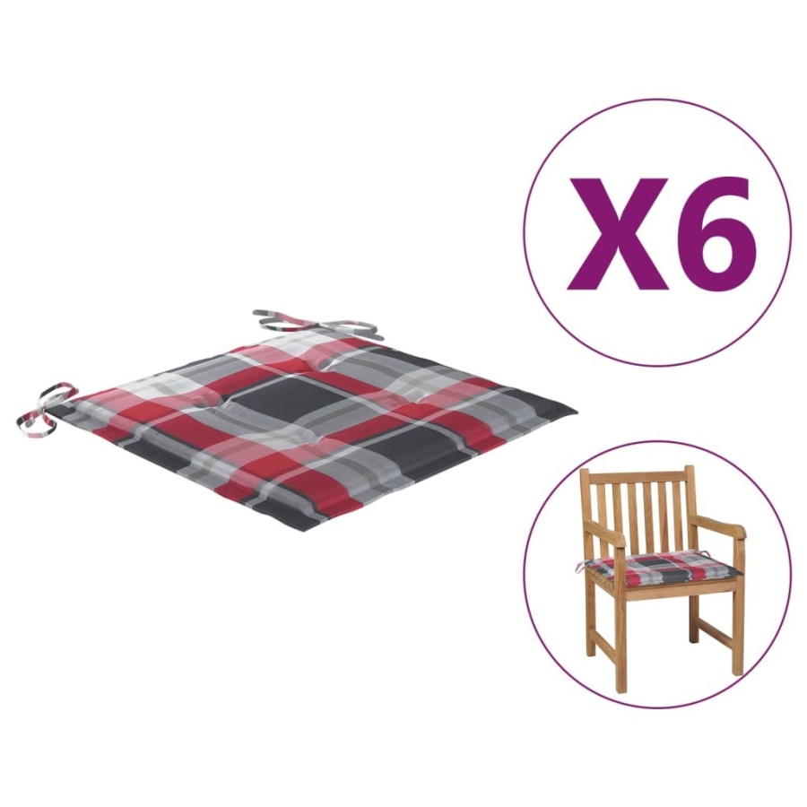 Poduszki na krzesła ogrodowe, 6 szt., czerwona krata, 50x50x4cm