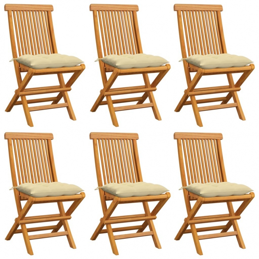 Krzesła ogrodowe z kremowymi poduszkami, 6 szt., drewno tekowe