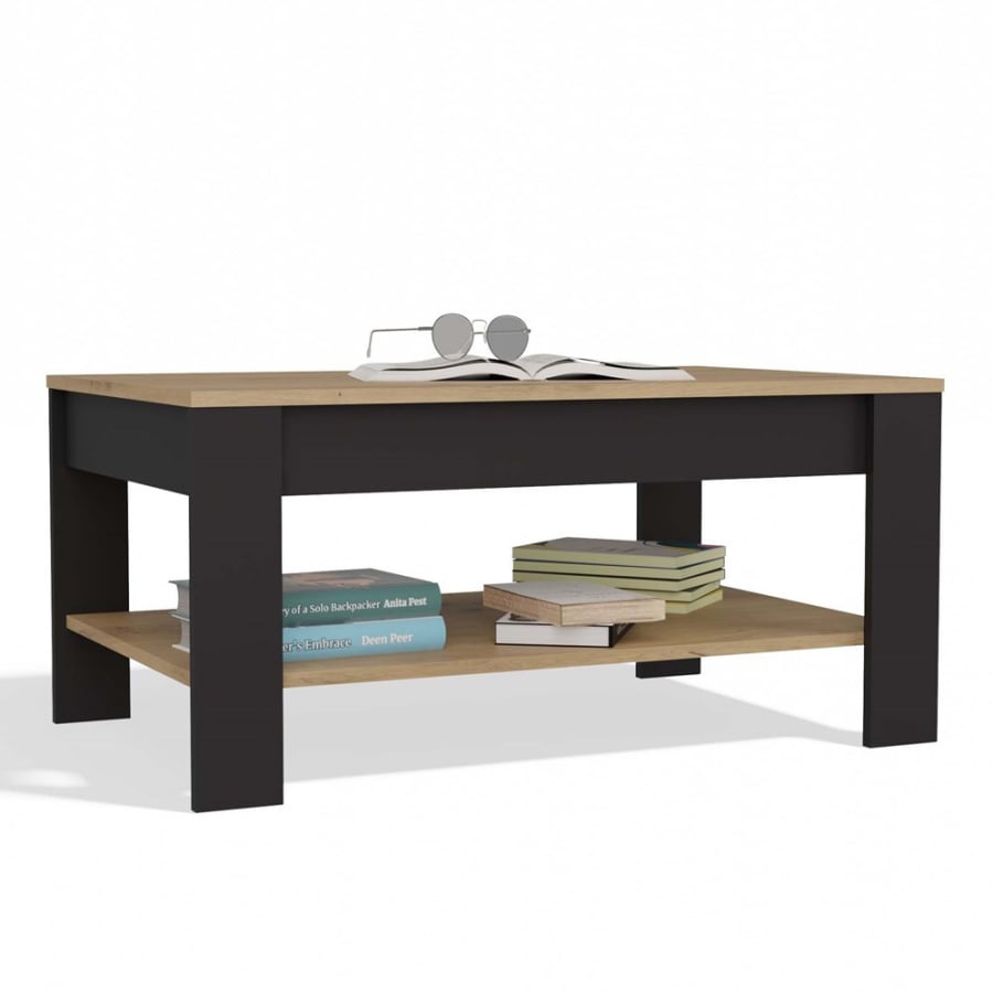 Stolik Kawowy OHIO DĄB ARTISAN CZARNY Ława Półki Do Salonu 93x58x43,5 Cm