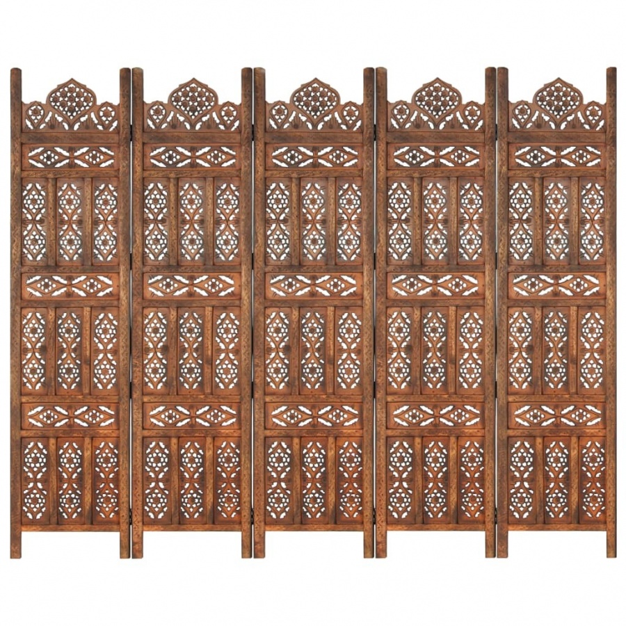 Parawan 5-panelowy, rzeźbiony, brąz, 200x165 cm, drewno mango