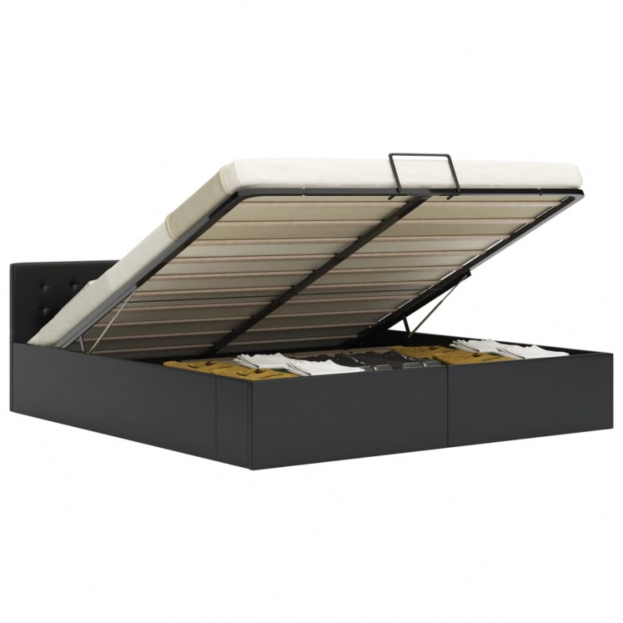 Rama łóżka z podnośnikiem, czarna, sztuczna skóra, 160 x 200 cm