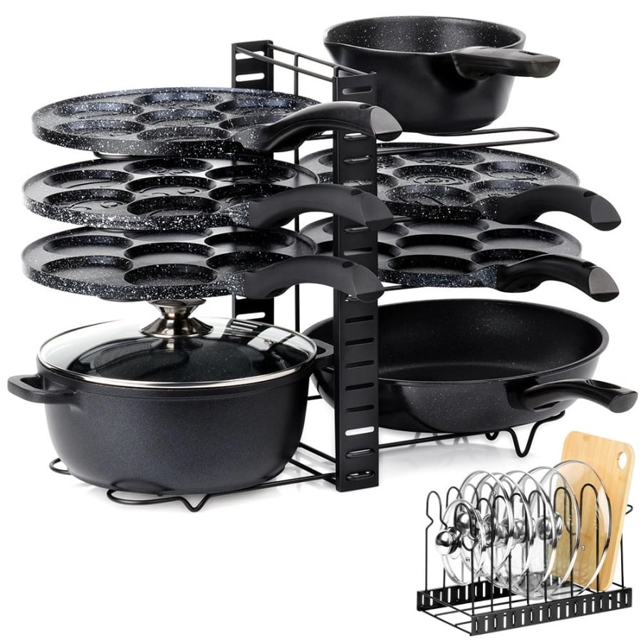 Stojak na garnki, patelnie i pokrywki metalowy czarny 2w1