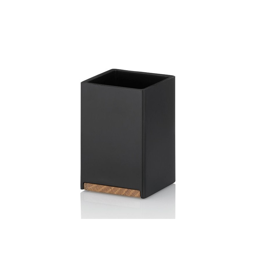 Kubek łazienkowy, żywica polimerowa/drewno dębowe, 7 x 7 x 11 cm, czarny