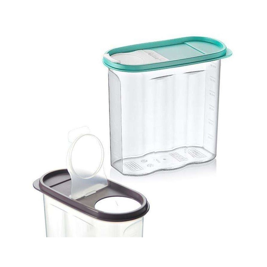 Pojemnik kuchenny na żywność, płatki, kasze, makaron, mąkę, cukier, produkty sypkie, z dozownikiem i
