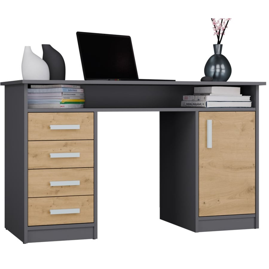 BIURKO ADA ANTRACYT DĄB ARTISAN 125 Cm 4 Szuflady Szafka Półki Do Biura Pokoju Na Laptop