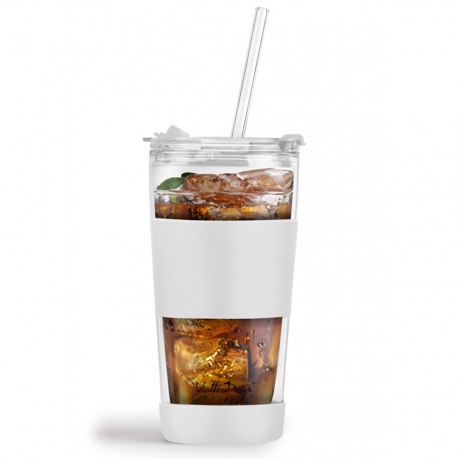 Kubek termiczny szklany ze słomką 600 ml biały fuori