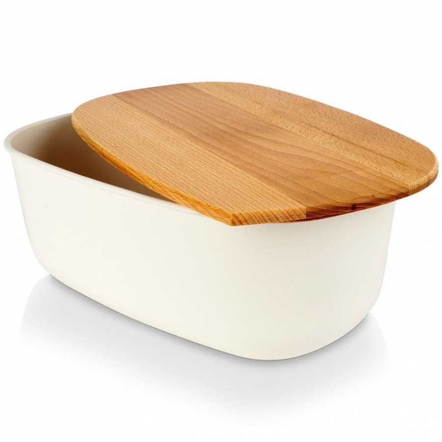 Chlebak pojemnik na pieczywo z drewnianą deską kremowy 39x23,5x15,5 cm