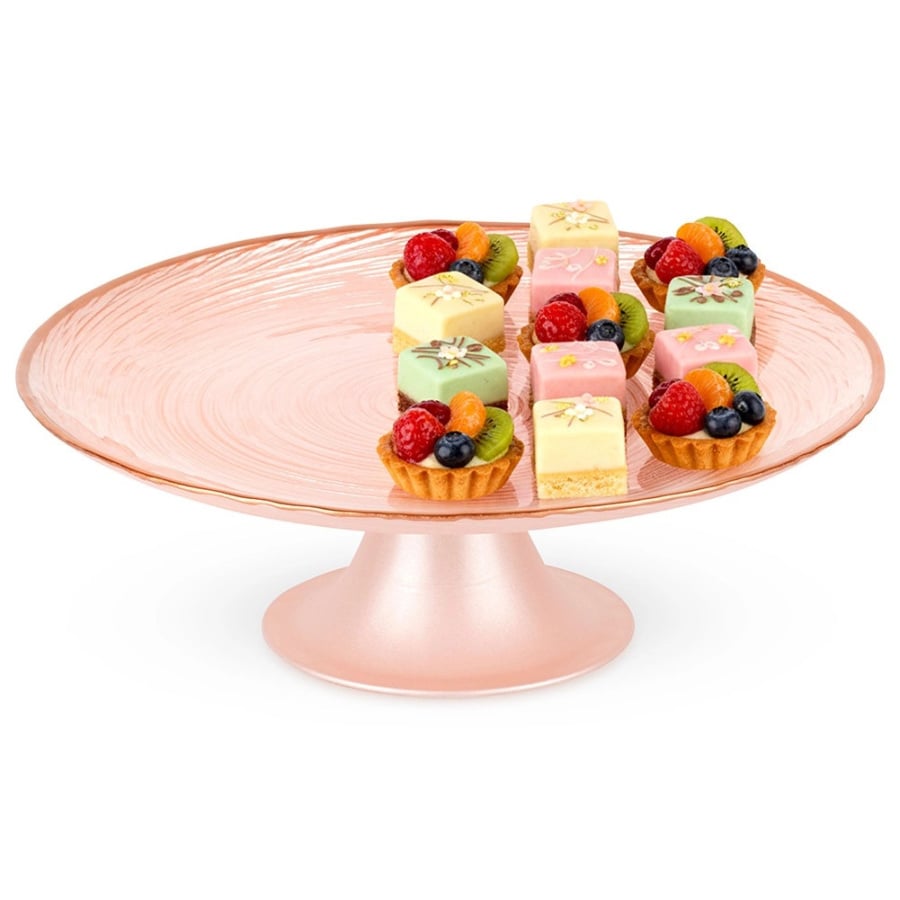 Patera na tort na nóżce szklana różowa 21 cm