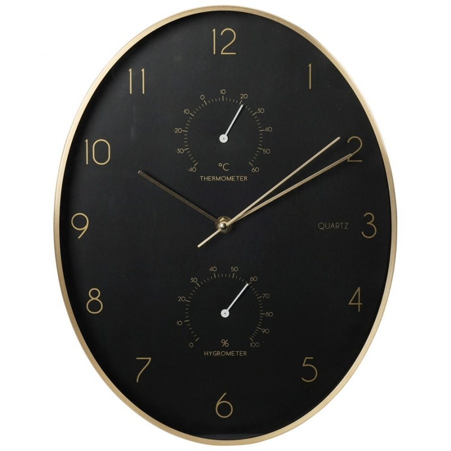 Zegar ścienny czarny złoty z termometrem higrometrem 27x34,5 cm