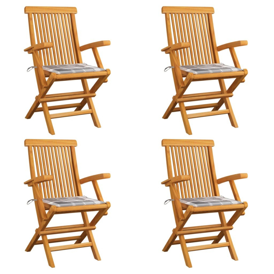 Krzesła ogrodowe z poduszkami w szarą kratę, 4 szt., tekowe