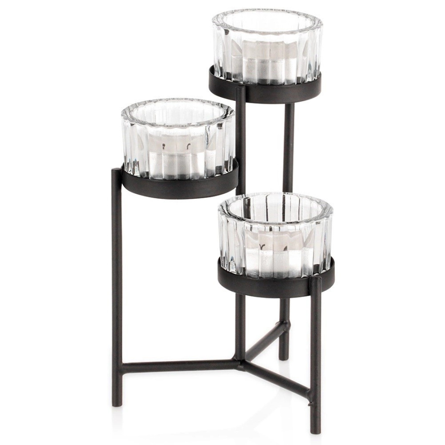 świecznik metalowy czarny ze szklanymi wkładami na 3 świeczki 11x11x18,5 cm