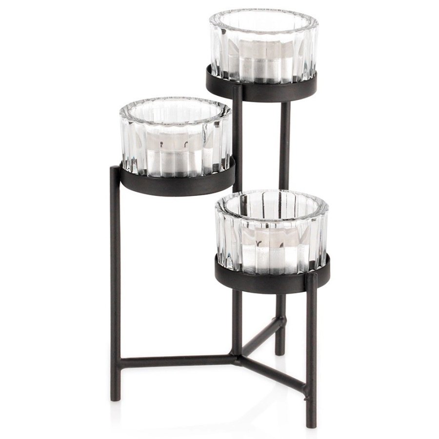 świecznik metalowy czarny ze szklanymi wkładami na 3 świeczki 11x11x18,5 cm