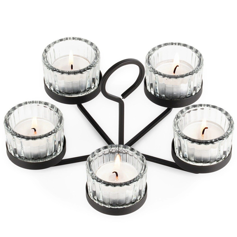 świecznik metalowy czarny ze szklanymi wkładami na 5 świeczek 21x21x12 cm