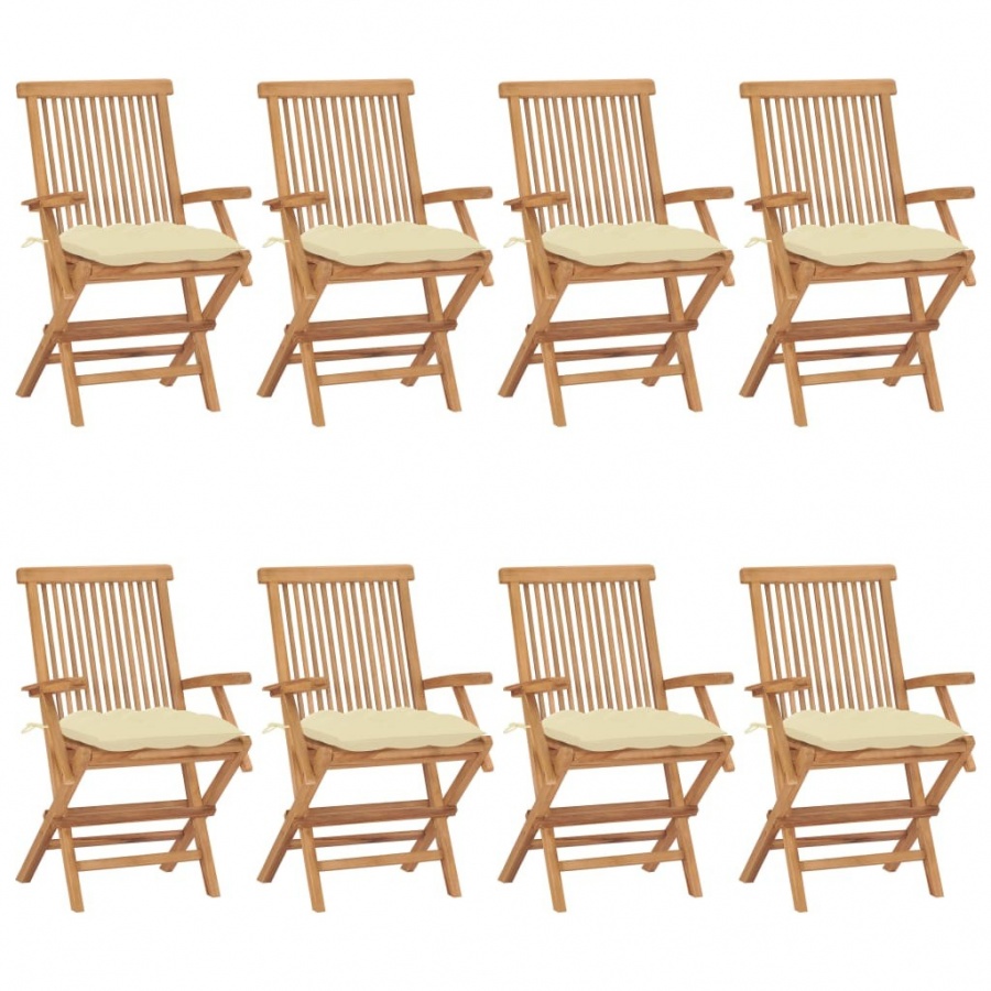 Krzesła ogrodowe z kremowymi poduszkami, 8 szt., drewno tekowe