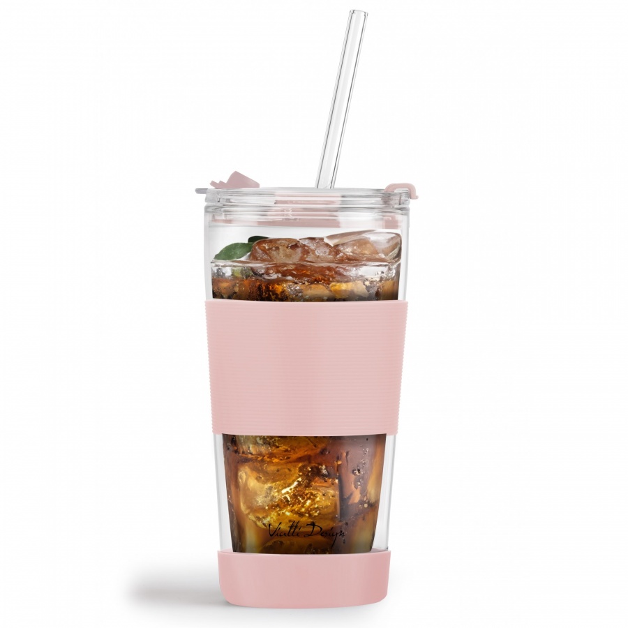 Kubek termiczny szklany ze słomką 600 ml różowy fuori