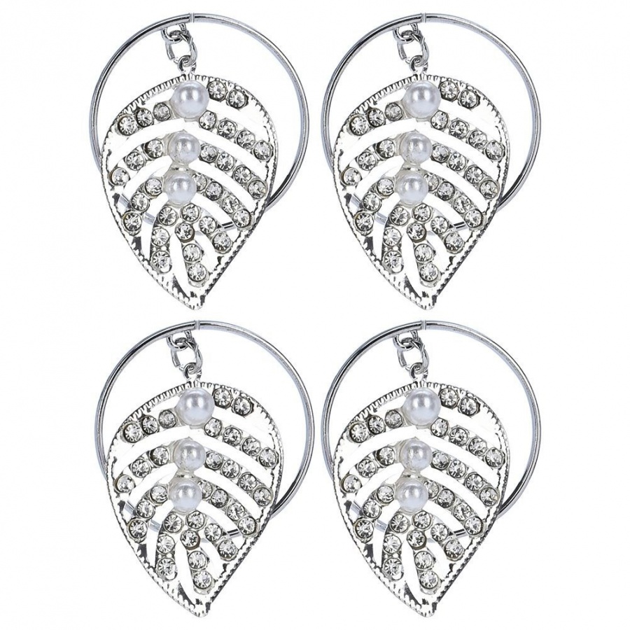 Obrączki pierścienie ringi na serwetki metalowe srebrne liście 4 szt.