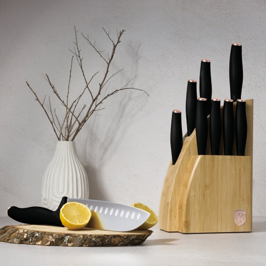 Noże kuchenne | Zestaw 9 noży w stojaku bambusowym Black Rose Collection BerlingerHaus BH-2760