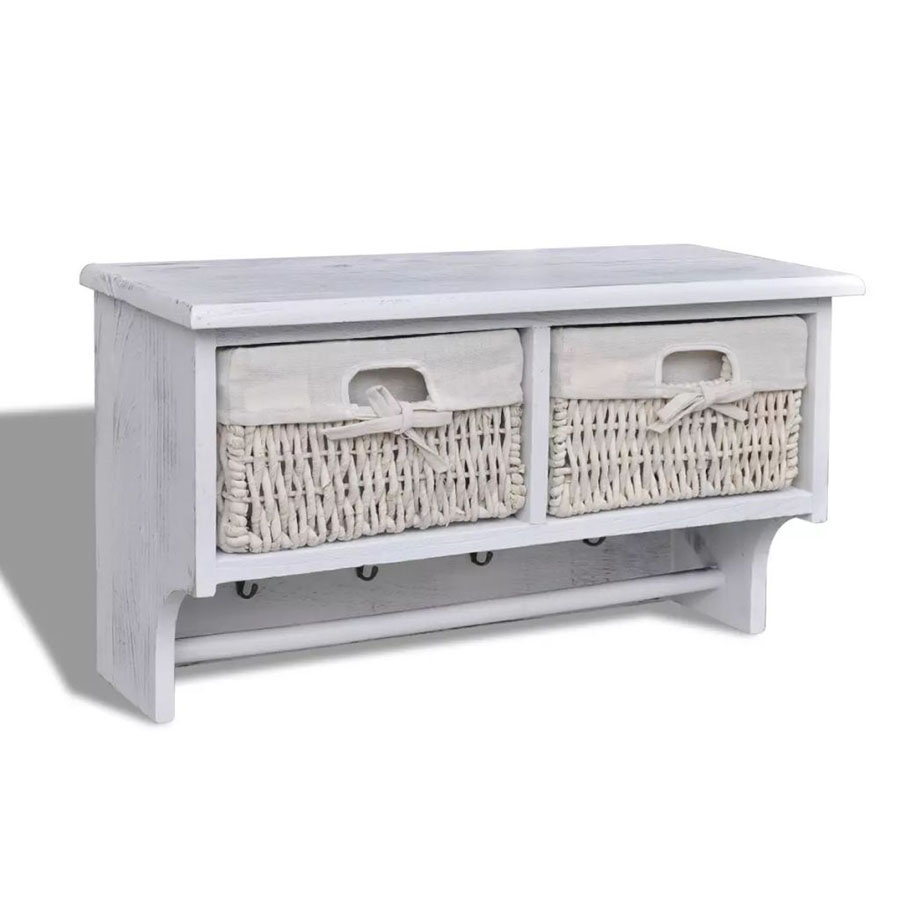 Drewniana półka ścienna z 2 szufladami i 4 haczykami (Biała)