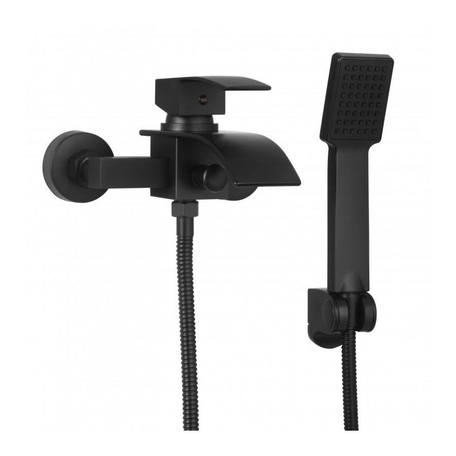 Bateria wannowa ścienna z prysznicem wodospad czarny mat